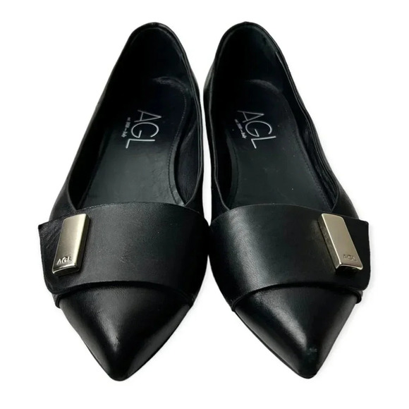 AGL Attilio Giusti Leombruni Black  Leather Pointy Flats - Picture 1 of 11